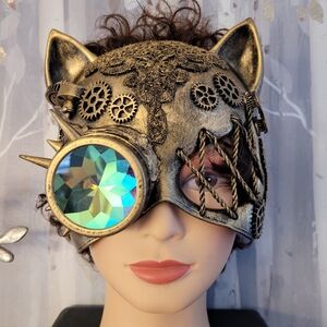 Cat Steampunk Mask Antiqued Gold-tone Lace, Spikes, & Gears Rainbow Kaleidescope